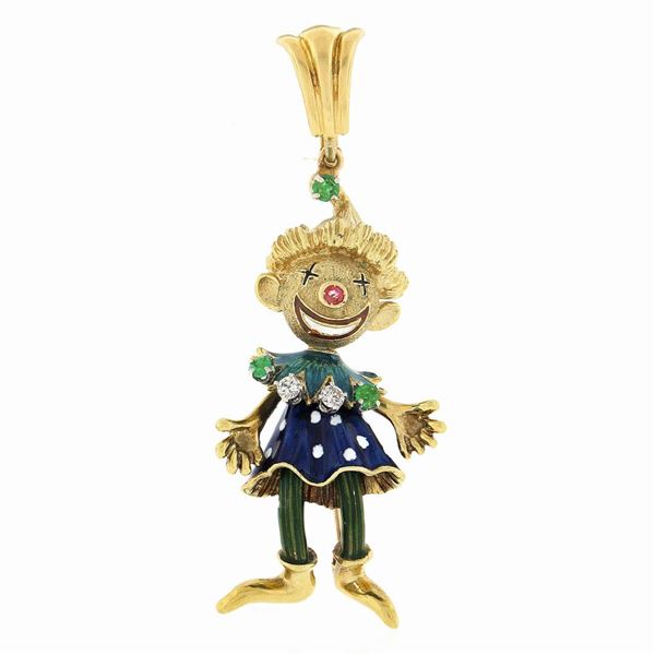 Estate 18K Gold Emerald & Diamond Detailed Enamel Clown Enhancer Brooch Pendant