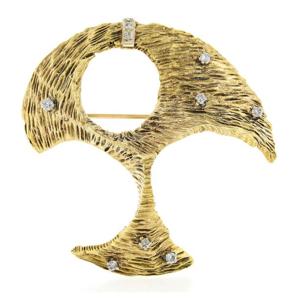 14K Yellow Gold 0.25 ctw Diamond Textured Modernist Sculpted Shape Brooch Pin