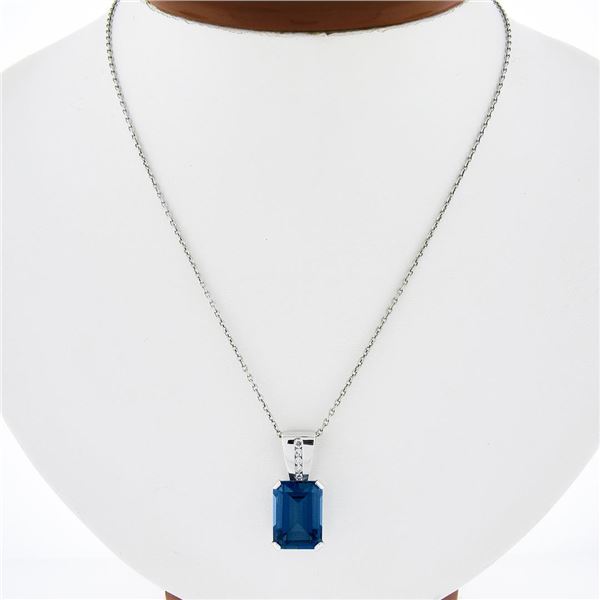 14K White Gold 9.10 ctw Emerald Cut London Blue Topaz w/ Diamond Pendant & Chain