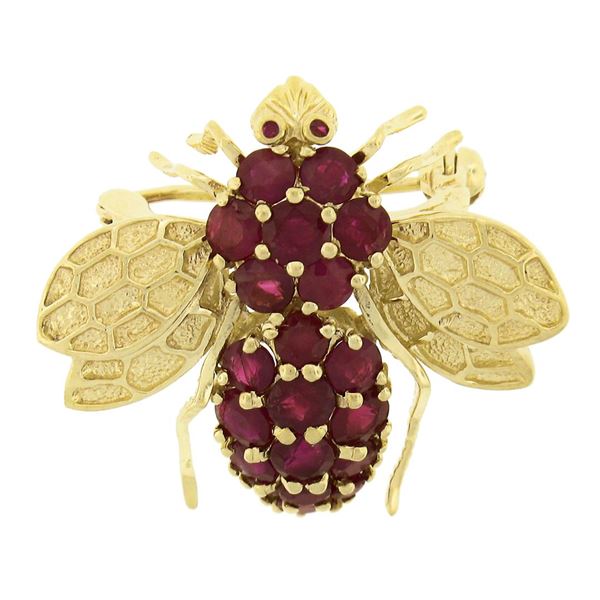 14K Yellow Gold 1.40 ctw Round Ruby Detailed Textured Fly Bee Insect Pin Brooch