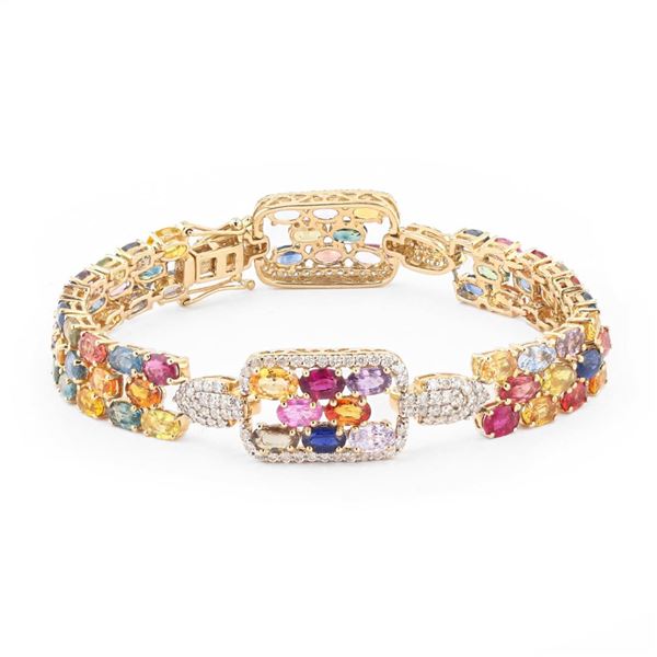22.32 ctw MultiColor Sapphire and 1.46 ctw Diamond 14K Yellow Gold Bracelet