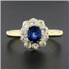 Image 3 : Vintage 14k Yellow Gold GIA NO HEAT Cushion Sapphire w/ Diamond Flower Halo Ring