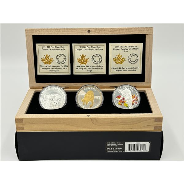 2014 $20 Fine Silver Coin. Cougar: Pouncing in the Snow (tax exempt)