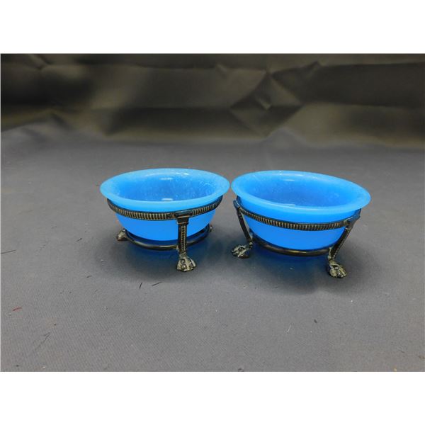 Pair of Antique Opaline Satin Blue Footed Serving Dishes