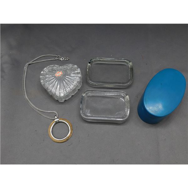 Lot of Soap Trays, Crystal Trinket Dish, Magnifying Necklace *no glass*