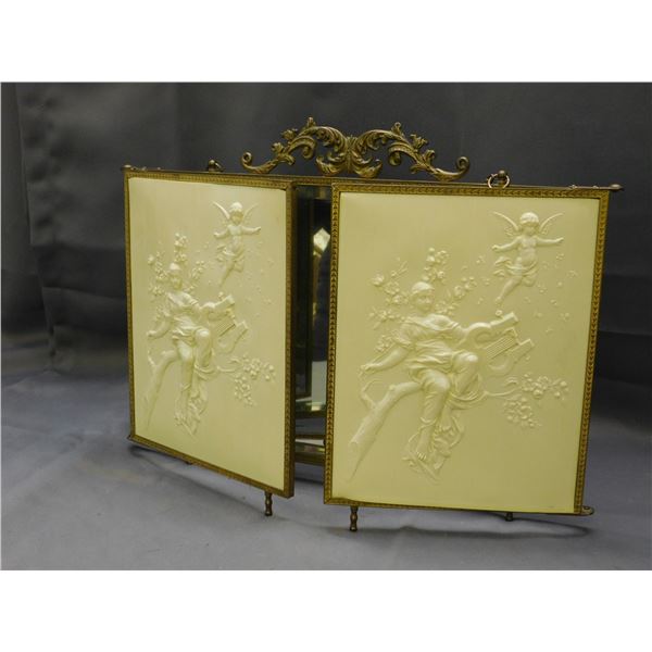 Antique Vanity Mirror Fold-Out Brass and White Panel