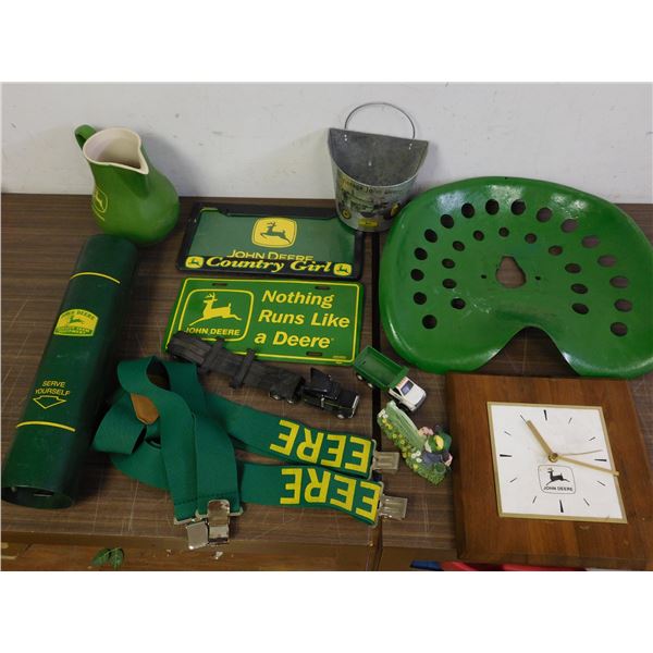 11pcs John Deere Collection License Plates, Truck Seat, Suspenders, Wall Clock, Die Cast, Etc