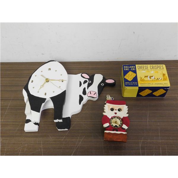 Mi-ken Wind Up Santa Clock with Moving Eyes, Cow Bum Clock, Cheese Crisp Tin