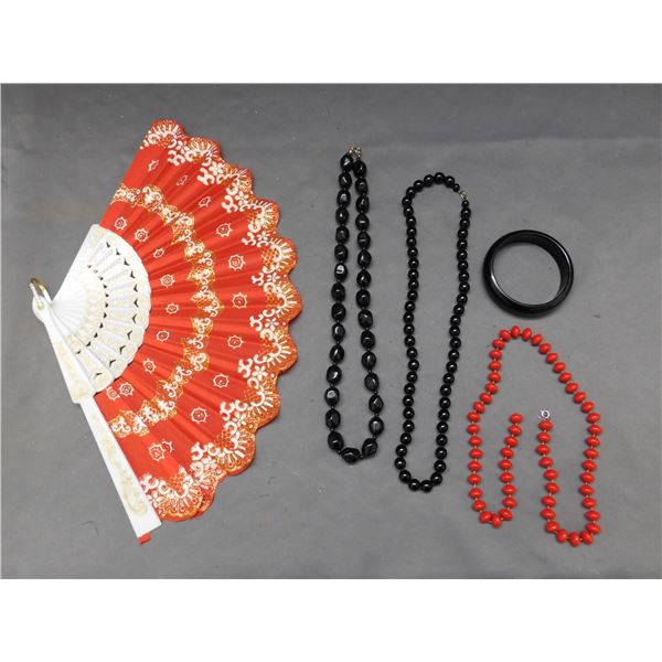 Lot of Vintage Costume Jewelry Beaded Necklaces *1 broken* and Cuff Plastic Black Bangle, Asian Fan