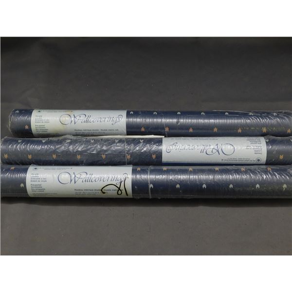 Lot of 3 Wallcoverings Vintage Wallpaper Double Metric Rolls Navy Blue with Repeating Pattern NOS