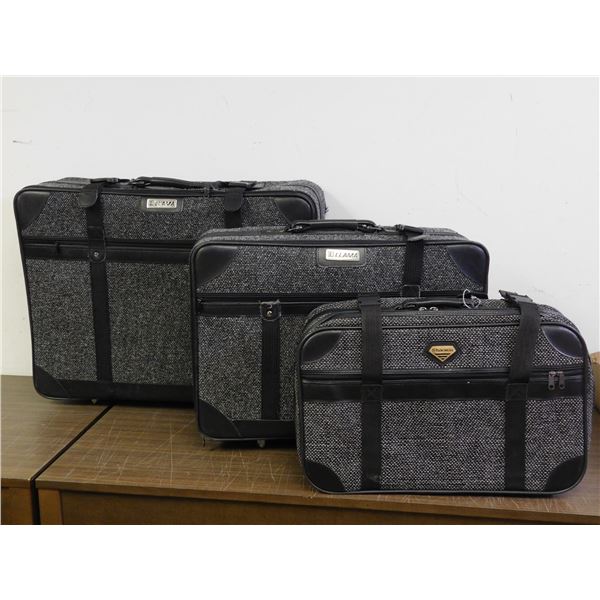 3 Piece Vintage Grey Knit & Black Trim Llama Suitcase & Carry-On Travel Luggage Matching Trio