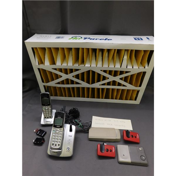 Lot of Garage Door Opener Parts, Household Furnace Filter 16 x 25 x 5, Vtech Wireless Phones w Docks