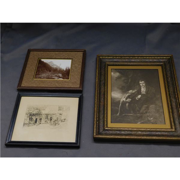 Lot of 3pcs Framed Vintage Wall Art Print, Signed and Numbered Sketch, "The Last Match", Antique