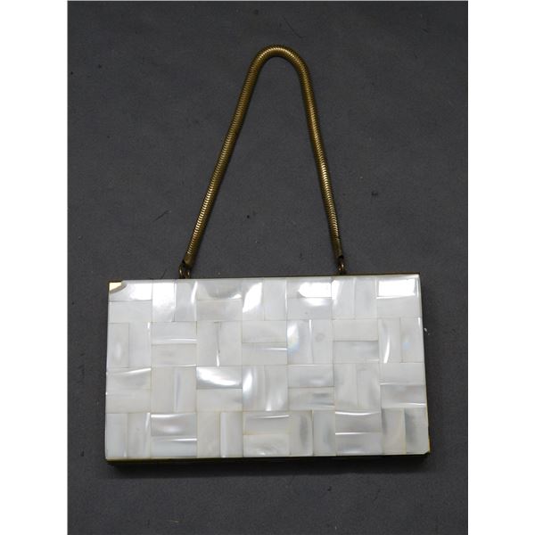 Vintage Mother of Pearl Clutch Bag Purse Evening Makeup Case Powder, Lipstick, Comb, Mirror