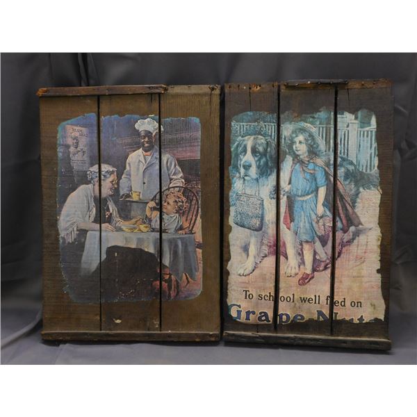 Vintage Raisin Drying Board Advertising and Vintage To School Well Fed on Grape-Nuts Dark Brown Wood