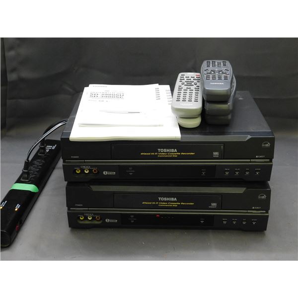 Toshiba 4-Head Hi-Fi Video Cassette Recorders Pair, Extra Remotes & Paperwork.