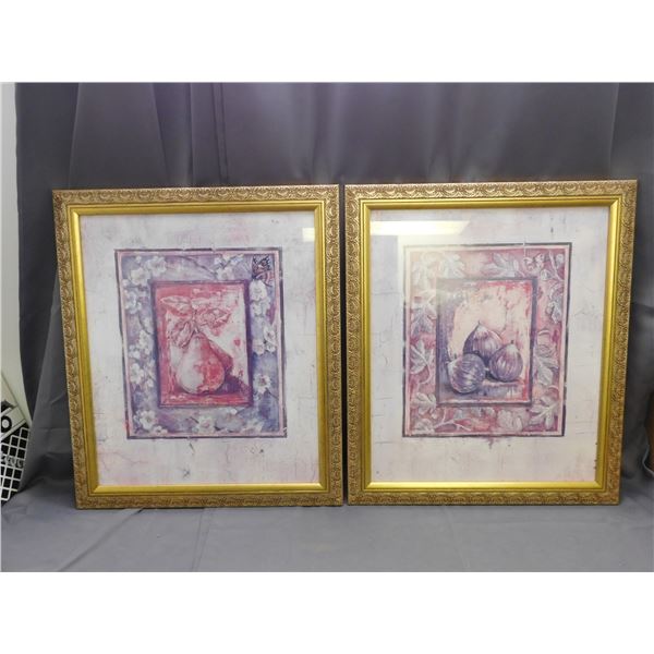 Pair of Gold Toned Framed Art Prints, Onions and Pears 2ft x 28"