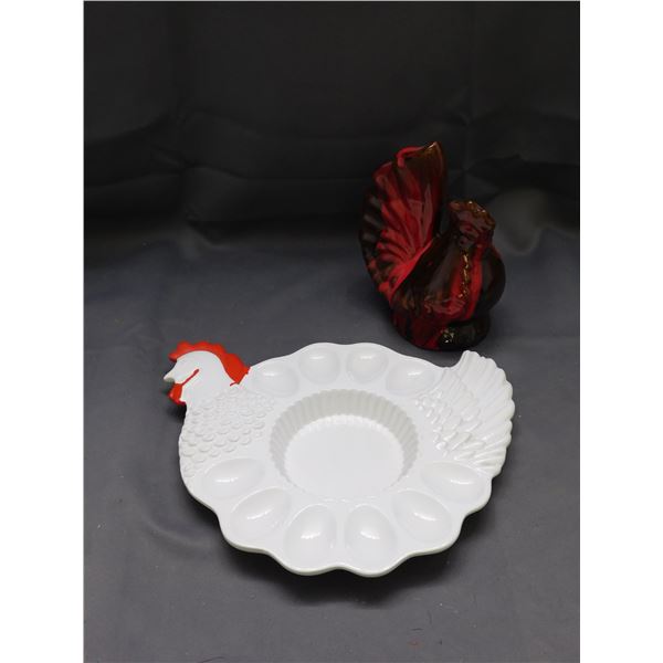 Teleflora Chicken Egg Server & Ceramic Drip Glaze Pottery Rooster Sculpture Figurine