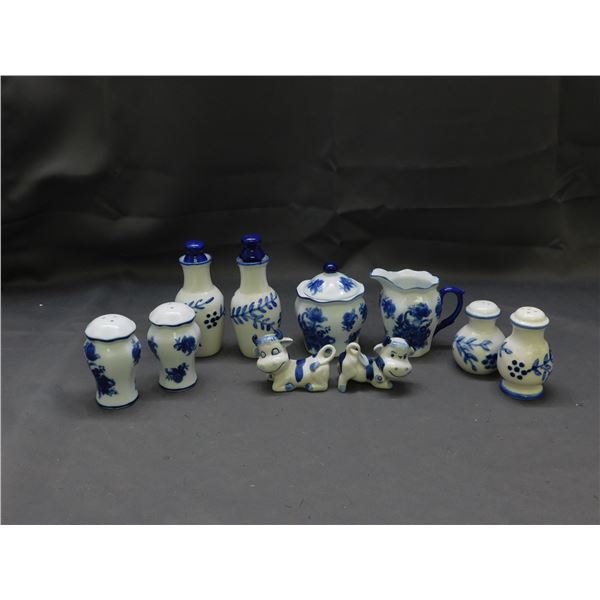 Lot of Blue and White Porcelain Japan Salt and Pepper Shakers, Oil Jars, Cream and Sugar