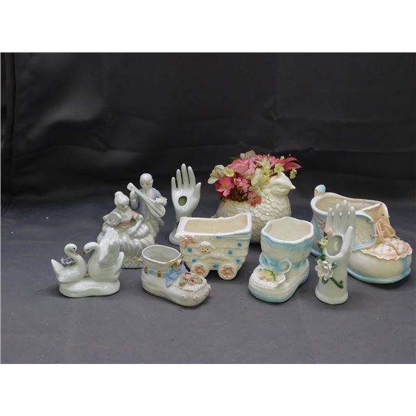Lot of 9 Porcelain Figures Lots Japan, Boots, Doves, Planters