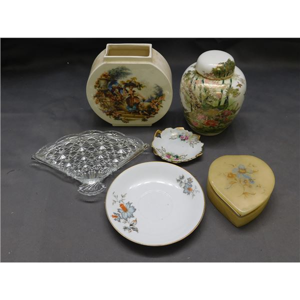 Lot of 6pcs Japan China Urn, Stone Trinket Box, Plant Pot Vase, Tray, Saucer