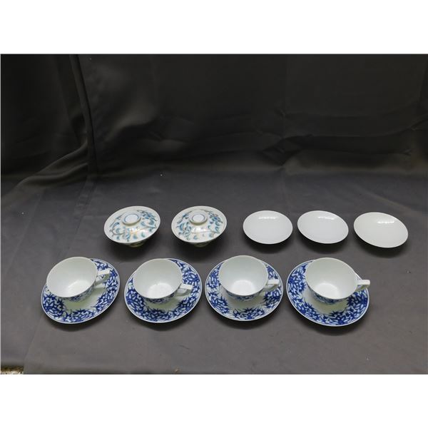 Lot of China Japan Tea Cups, Saucers, Bowls w Lids, Extra Lids? White and Blue Hand Painted