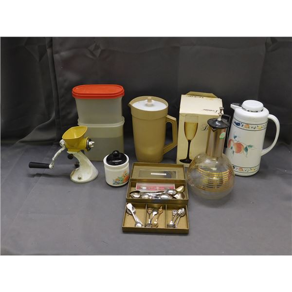 Lot of Assorted Vintage Kitchen Items Carafe, Luminarc Glasses, Pitcher, Grinder, Spoons, Storage