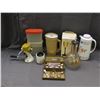 Image 1 : Lot of Assorted Vintage Kitchen Items Carafe, Luminarc Glasses, Pitcher, Grinder, Spoons, Storage