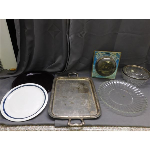 Lot of Large Glass Serving Plates Red, Blue Stripe, Glass, Bowl, Fan, Metal Tray