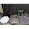 Image 1 : Lot of Large Glass Serving Plates Red, Blue Stripe, Glass, Bowl, Fan, Metal Tray