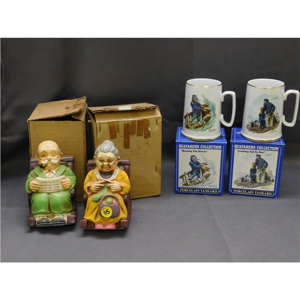 Lot of 4 Seafarers Mini-Tankard Collection Normal Rockwell & Grandma Grandpa Japan Figurines