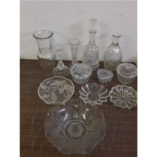 Lot of Assorted Glassware Crystal Decanter, Vases