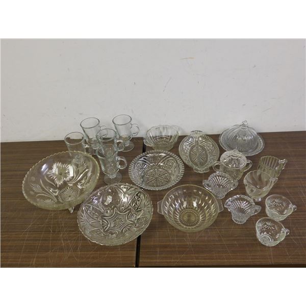 Lot of Assorted Vintage Glassware Crystal Serving Bowls Plates, Cream and Sugar, Etc