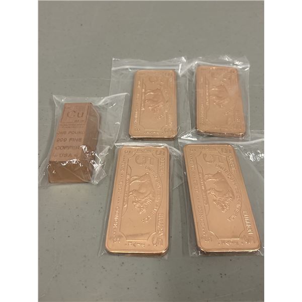 Lot of x4 5 .999 Troy Ounces Copper Bars and One Pound Copper .999 Bar