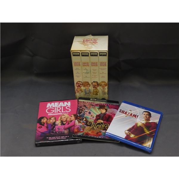 Lot of 3 SEALED Blu-Ray DVDs Shazam, Wonka, Mean Girls & VHS Box Set Fawlty Towers Sealed