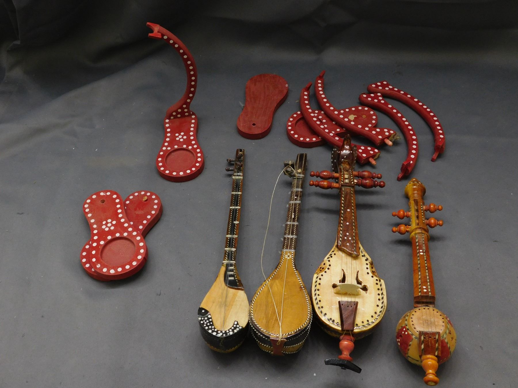Lot of Wooden Folk String Instruments Decorative w Stands *as is*
