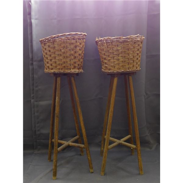 Pair of Wooden Wicker Plant Stands 32" tall