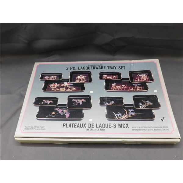 Vintage 3pc Lacquerware Tray Set Hand Decorated with Original Box