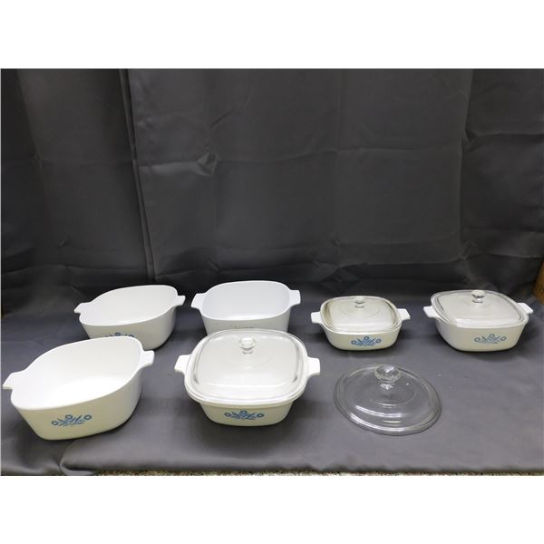 Lot of Corningware 6 Baking Dishes, 4 Lids Cornflower