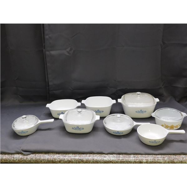 Lot of Cornflower Corningware Baking Dishes 7 Dishes, 4 Lids, 1 Pyrex Dish w Lid