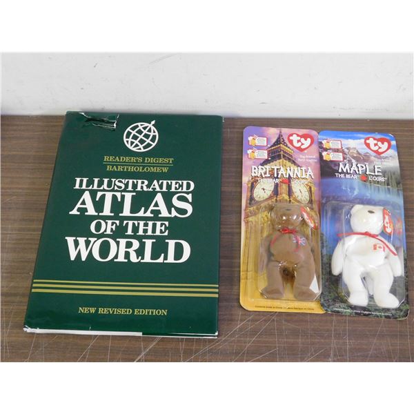 Lot of 3 Hardcover Illustrated Atlas of the World Book and 2 TY Beanie Babies Maple and Brittania