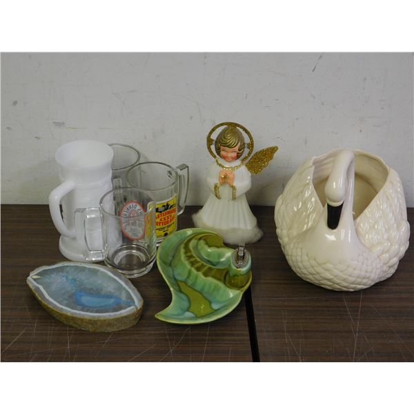 Lot of Assorted Mugs, Table Lighter Ashtray Ceramic, Dove Planter, Geode Ash TrayEtc