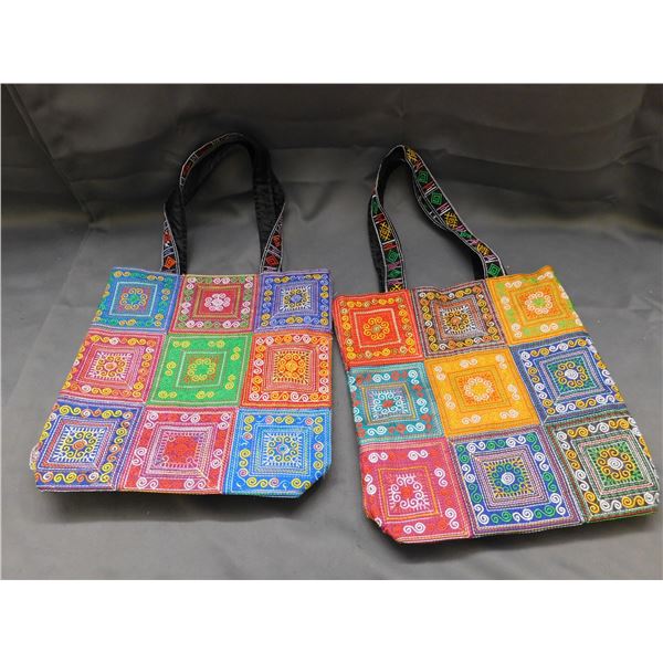 Lot of 2 Boho Hippie Embroidered Tote Bags Patchwork Style