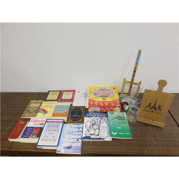 Lot of Assorted Self Help Books, Art Easel & Book, Family Charades Etc
