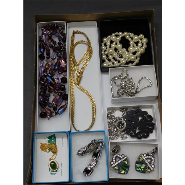 Assorted Jewelry: Necklace and Bracelet, BC Jade Pendant, Rhinestone Earrings, Good condition