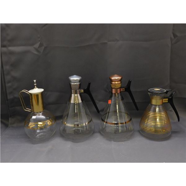 Lot of 4 Vintage MCM Glass Coffee Carafes Pots Silver, Gold Tone Rims, Rose Gold 1 Pyrex