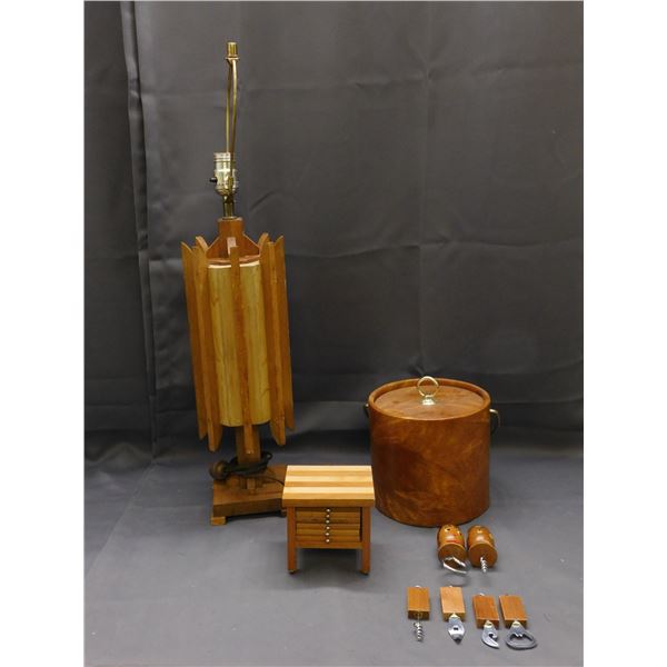 Lot of Bar Ware Vinyl Wrapped Ice Bucket, Bottle Openers & Cork Screws, Coaster Set, Wooden Lamp