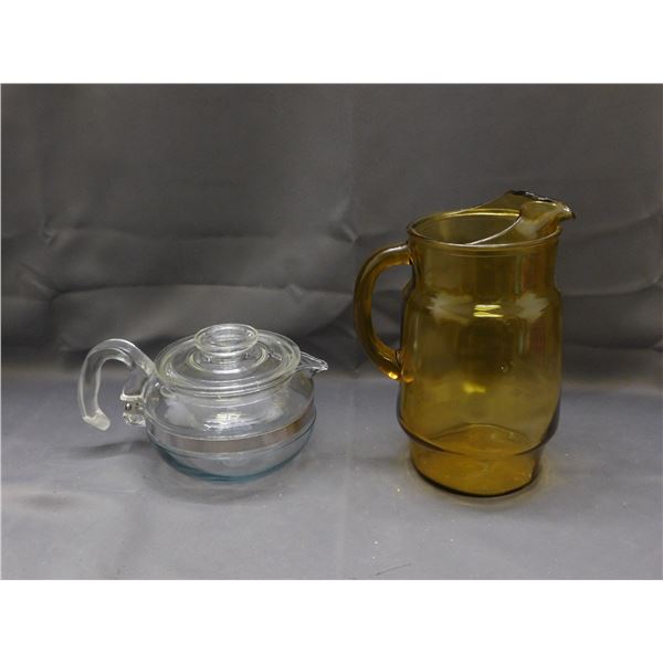 Pyrex Glass TeaPot Chrome Band & Yellow Glass Pitcher