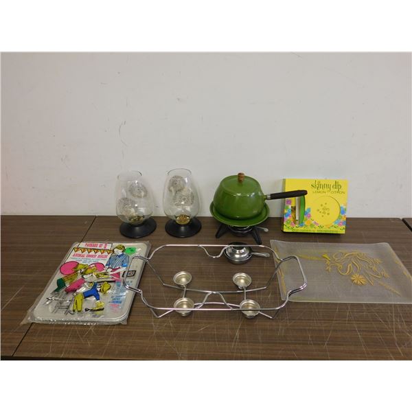 Lot of 7 Vintage Kitchen Fondue Pot, Tray, Warming Tray Stand, Molds, Candle Holders