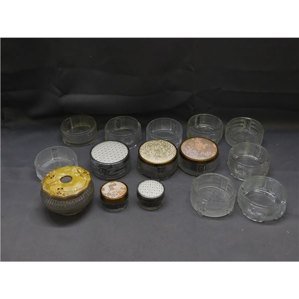 Lot of 15 Glass Powder Jars Vanity w Lids